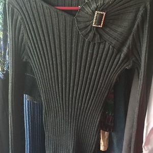 V Neck Low Cut Fitted Ribbed Charcoal Sweater Jewel Large
